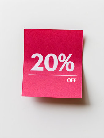 White '20% OFF' Text on a Hot Pink Square Paper Note. White Backgroundの素材