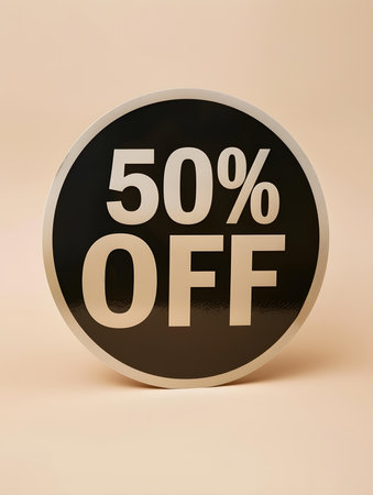 Black '50% OFF' Promotional Sign on a Light Brown Backgroundの素材