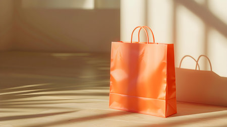Light Orange Shopping Bag on a light Background with Sunlight and Shadowsの素材