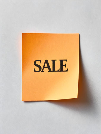 Black 'SALE' Text on a Light Orange Square Paper Note. White Backgroundの素材