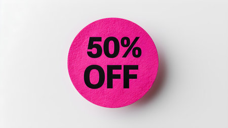 Black '50% OFF' Text on a Magenta Round Paper Note. White background with copy spaceの素材