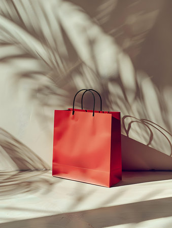 Ruby Shopping Bag on a light background with sunlight and shadowsの素材