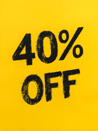 Black '40% OFF' Promotional Sign on a Yellow Backgroundの素材