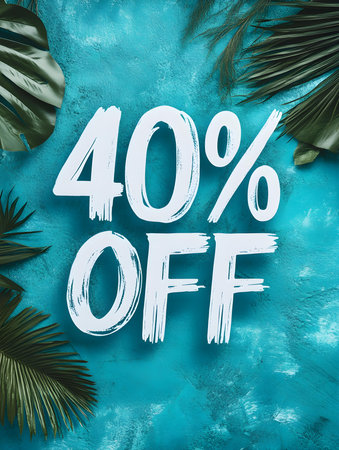 White '40% OFF' Promotional Sign on a Turquoise Backgroundの素材