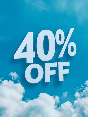 White '40% OFF' Promotional Sign on a Sky Blue Backgroundの素材