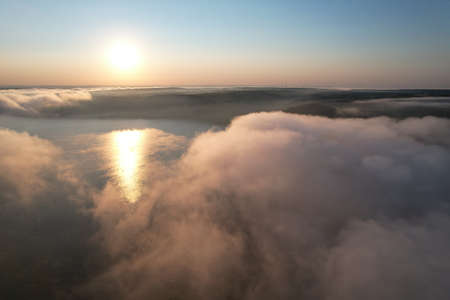 Aerial view of big river, panorama with blue sky and white clouds. Sunrise.の写真素材