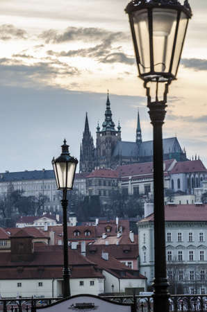lamp detail and Hradcany castle view, Prague, Czech Republicの写真素材