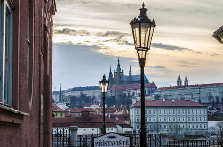 Hradcany castle view with lamp, Prague, Czech Republicの写真素材