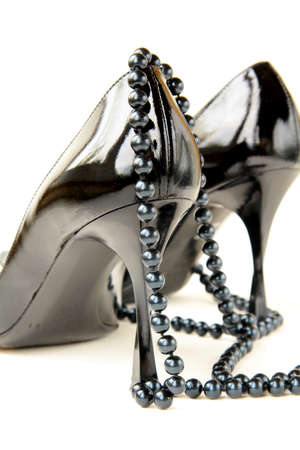 Black women shoes with the thread of black pearlsの写真素材