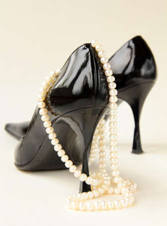 Black women shoes with the thread of  pearlsの写真素材