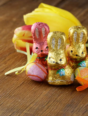 chocolate Easter bunny (sweets) with tulipsの写真素材