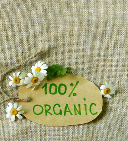 organic label with daisies on natural backgroundの写真素材
