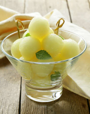 fruit salad of sliced   8203;  8203;melon balls with mintの写真素材