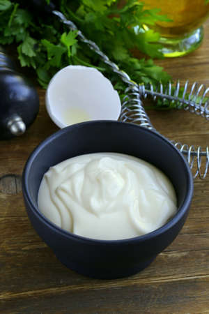 fresh homemade mayonnaise with olive oil and eggの写真素材