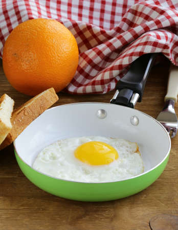 Fried egg in a frying pan - useful and healthy breakfastの写真素材