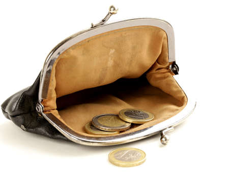open purse with euro coins on white の写真素材