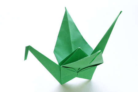 green paper origami bird on a white backgroundの写真素材