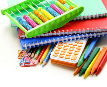 Back to school concept, school stationery multicolored pencils and notebooksの写真素材