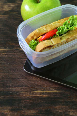 sandwich with cheese and tomato and green apple for a healthy  lunchの写真素材