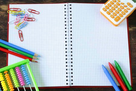 Back to school concept, school stationery multicolored pencils and notebooksの写真素材