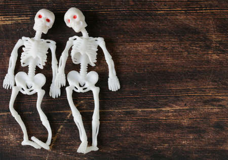two funny skeleton on a black wooden boardの写真素材
