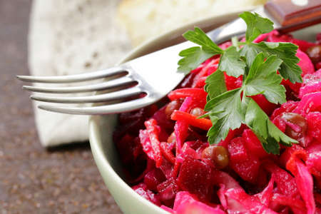 traditional Russian salad of beetroot and pickled cabbage (vinigret)