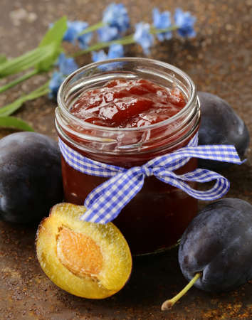 natural organic plum jam with fresh berriesの写真素材