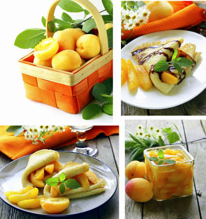 set fresh fruits apricot, jam and pancakesの写真素材