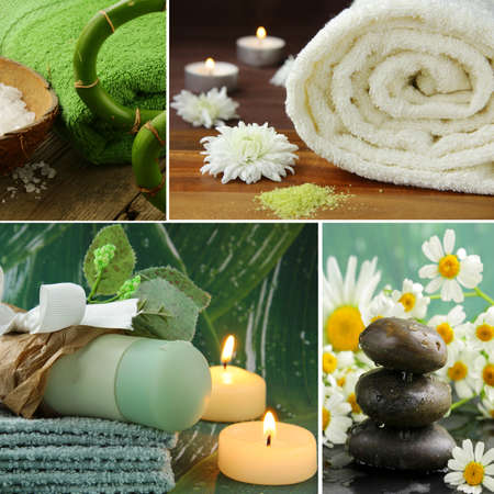 collage of spa concept - towel, aromatic salt, stonesの写真素材