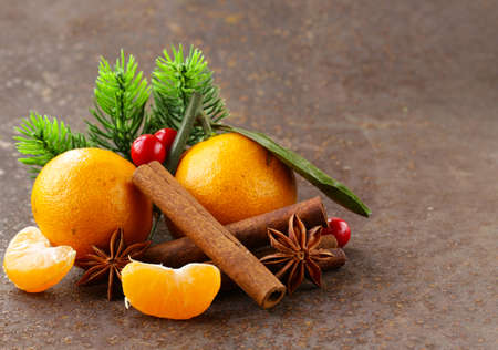 Christmas composition with fresh mandarin oranges, cinnamon, aniseの写真素材