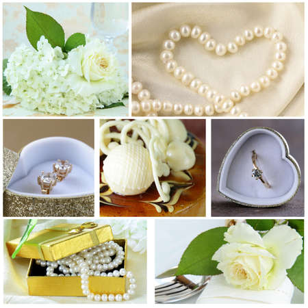 collage of wedding accessories (ring, cake, bouquet of flowers, earrings, pearl)の写真素材