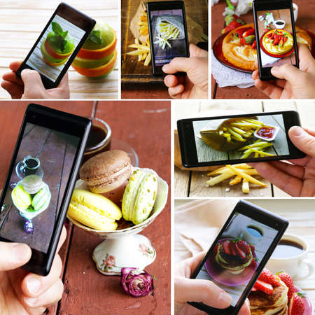 collage smartphone shot food photo with different foodの写真素材