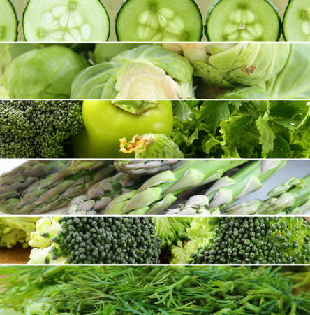 collage of different green vegetables ( peppers, asparagus,cucumbers, cabbage)の写真素材