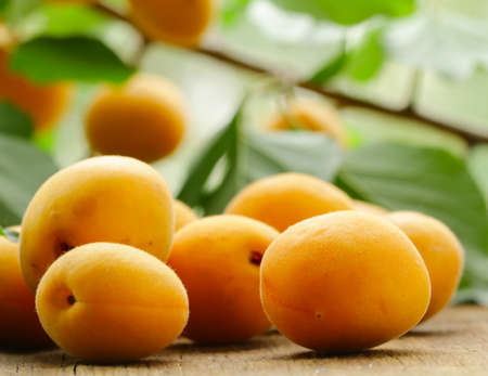 natural organic ripe apricots on a wooden table