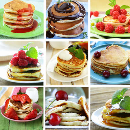 collage of different variant pancakes breakfast with berries and sauceの写真素材