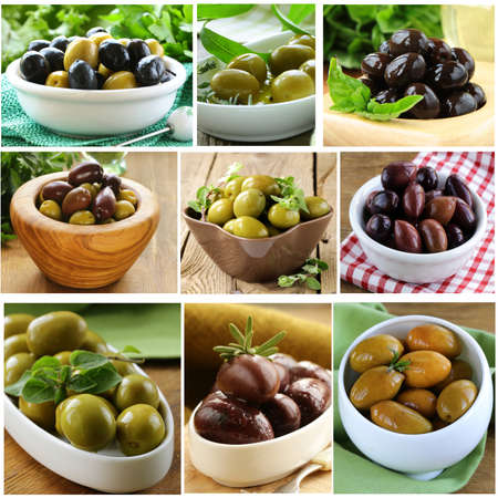 collage of different varieties of olives (kalamata, green, black)の写真素材