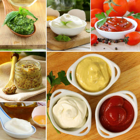 collage of different kinds of sauce mustard ketchup mayonnaise pestoの写真素材