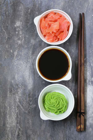 Japanese wasabi sauce, soy sauce and pickled gingerの写真素材