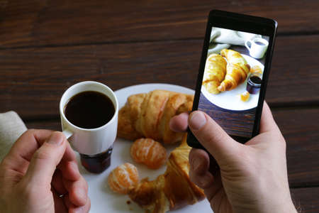 smartphone shot food photo - croissants with jam for breakfastの写真素材