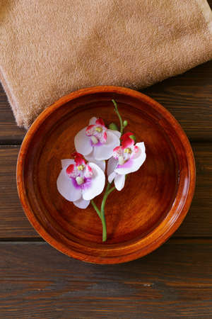 wooden bowl with water and orchid, top viewの写真素材