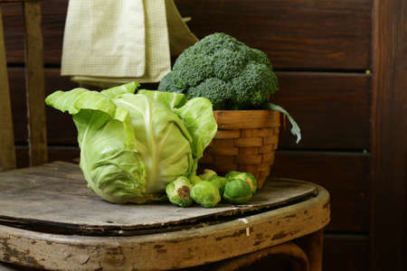 different kinds of cabbage - broccoli, Brussels sprouts and white cabbageの写真素材