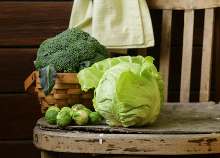 different kinds of cabbage - broccoli, Brussels sprouts and white cabbageの写真素材