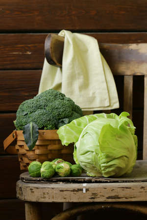 different kinds of cabbage - broccoli, Brussels sprouts and white cabbageの写真素材