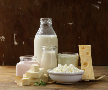 organic dairy products - milk, sour cream, cottage cheese, yogurtの写真素材