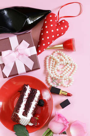 accessories for women - shoes and pearls, lipstick and nail polishの写真素材