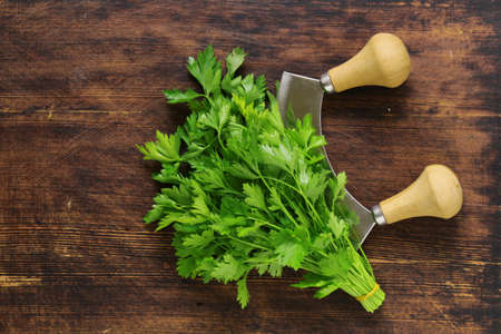 green natural organic parsley on a wooden tableの写真素材