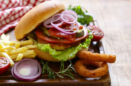 homemade hamburger with vegetables and a green saladの写真素材