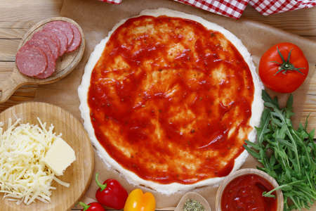 traditional Italian pepperoni pizza with tomato sauce and cheeseの写真素材