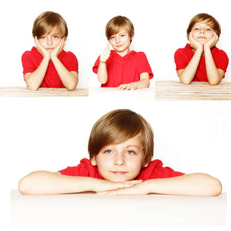 collage set cute blond boy in the red shirt over a white backgroundの写真素材