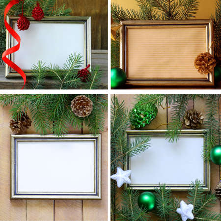 collage, set gold frame and Christmas decorationsの写真素材